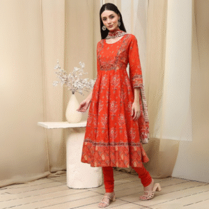 Orange Cotton Floral Printed Anarkali Suit Set