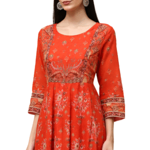 Orange Cotton Floral Printed Anarkali Suit Set