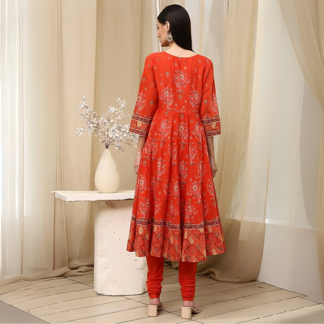 Orange Cotton Floral Printed Anarkali Suit Set - Image 4