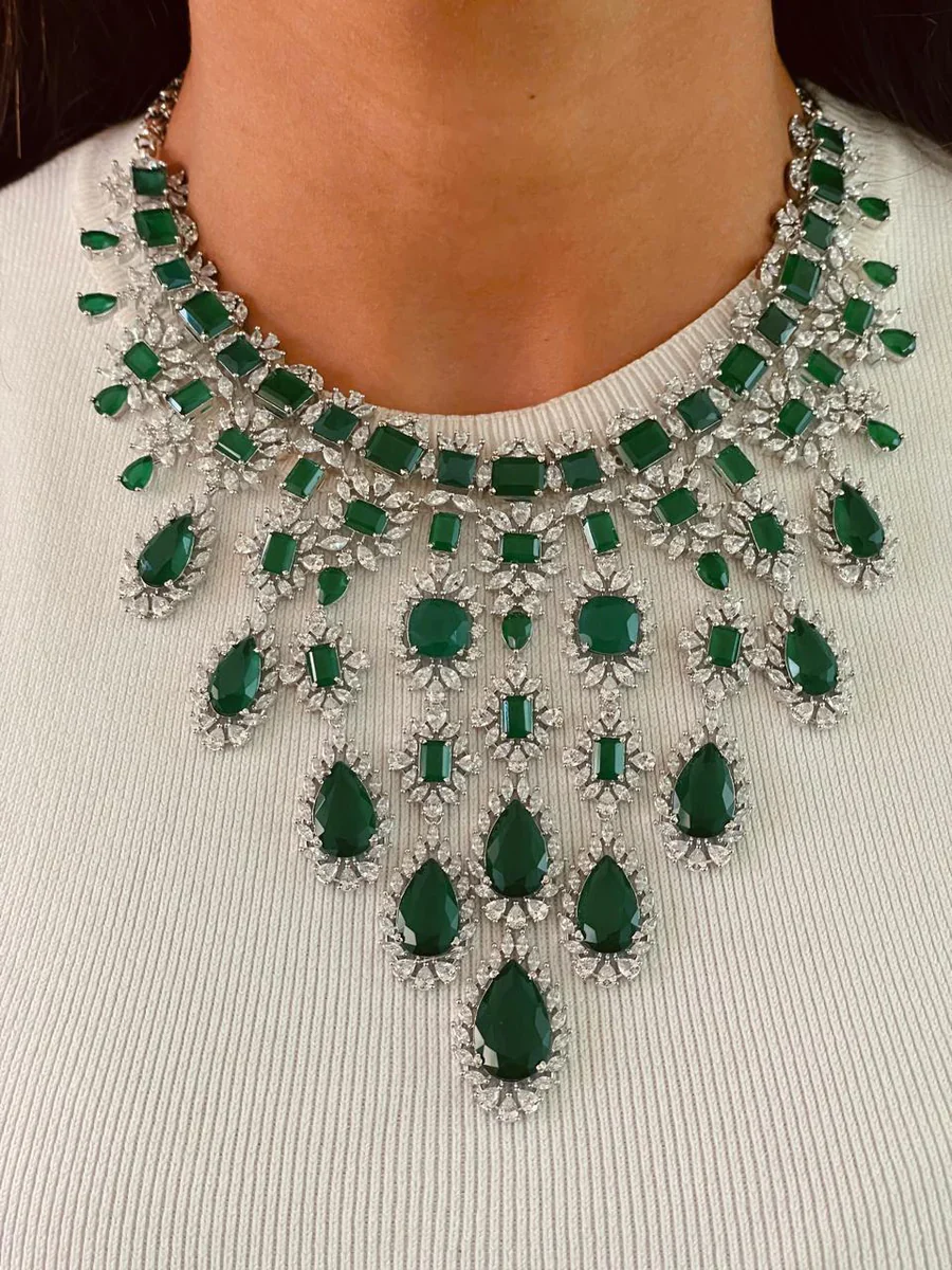 Maharani Abbey Emerald Drops Necklace Set & Heart Emerald & Diamond Necklace Set - Image 2