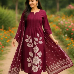 Elegant Floral Rayon Kurti Set with Dupatta – Premium Comfort Wear