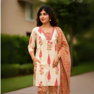 Elegant Cotton Cambric Kurti Set with Mirror Work & Silver Zari Embroidery