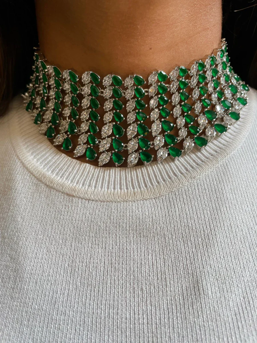 Maharani Abbey Emerald Drops Necklace Set & Heart Emerald & Diamond Necklace Set - Image 5