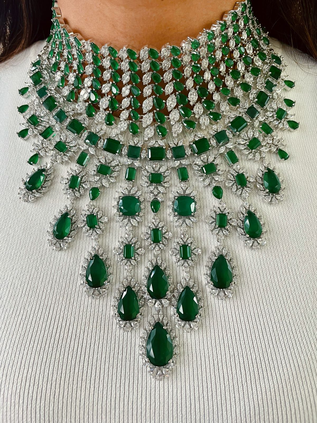 Maharani Abbey Emerald Drops Necklace Set & Heart Emerald & Diamond Necklace Set