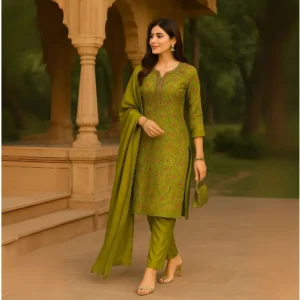 Nooré Radiance Mirror Work Silk Kurti Set – Luxe 3-Piece Festive Elegance