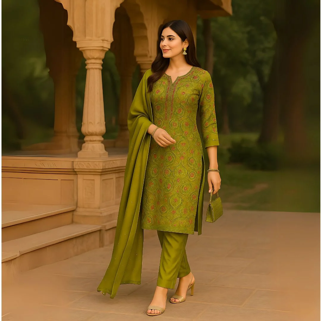 Nooré Radiance Mirror Work Silk Kurti Set – Luxe 3-Piece Festive Elegance